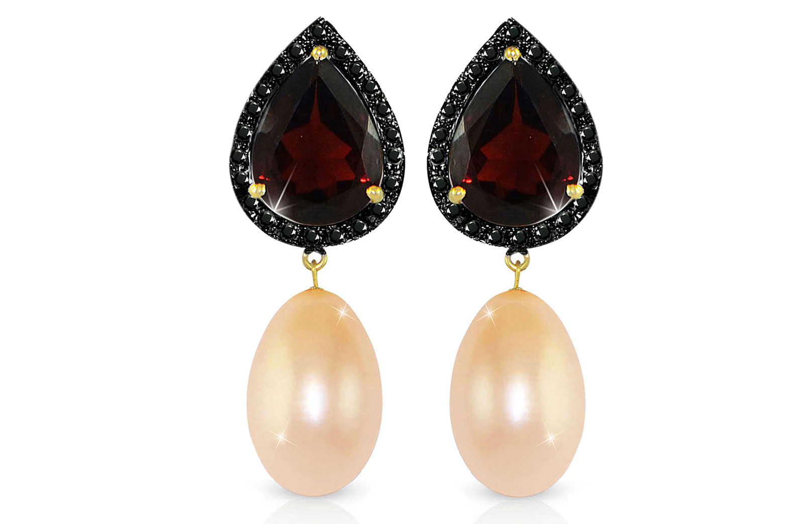 Vera Perla 18K Gold 0.24ct Black Diamonds, Garnet and 13mm Pink Pearl Earrings